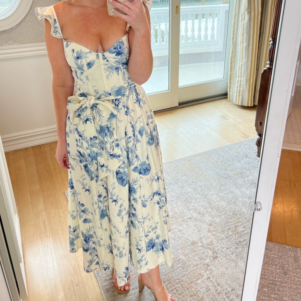 V. Chapman Vera Ruffle-Strap Corset Side-Slit Midi Dress PROVENCAL BLUE FLORAL